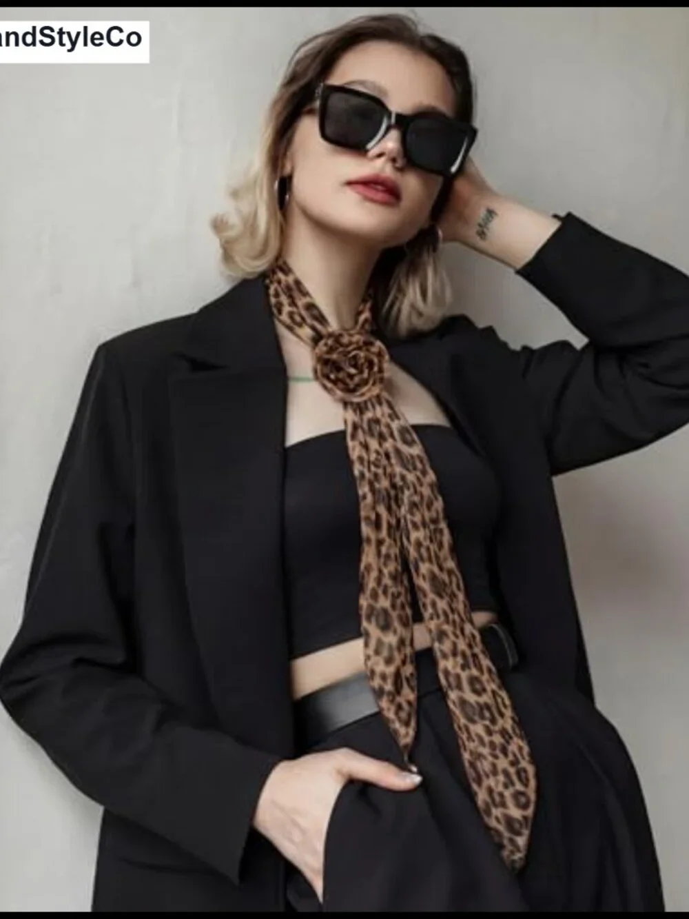 Chiffon Scarf Women Removable Flower Neck Scarf Headband Hair Accessory Leopard